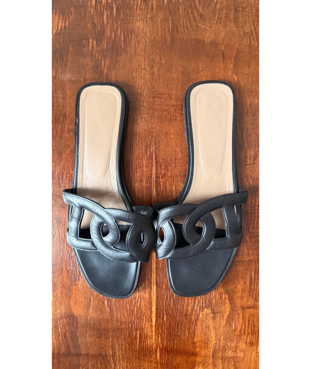 HERMES Черные кожаные шлепанцы, фото 2