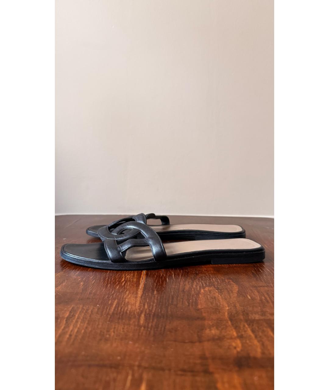 HERMES Черные кожаные шлепанцы, фото 6