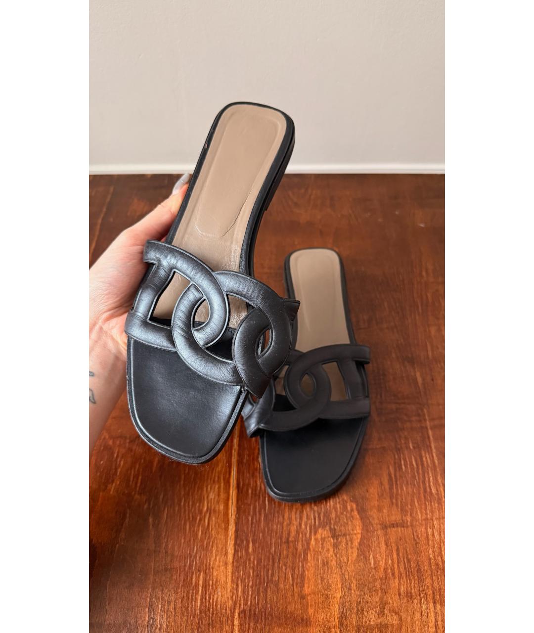 HERMES Черные кожаные шлепанцы, фото 3