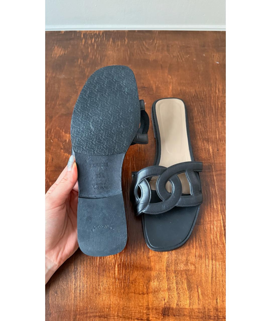 HERMES Черные кожаные шлепанцы, фото 5