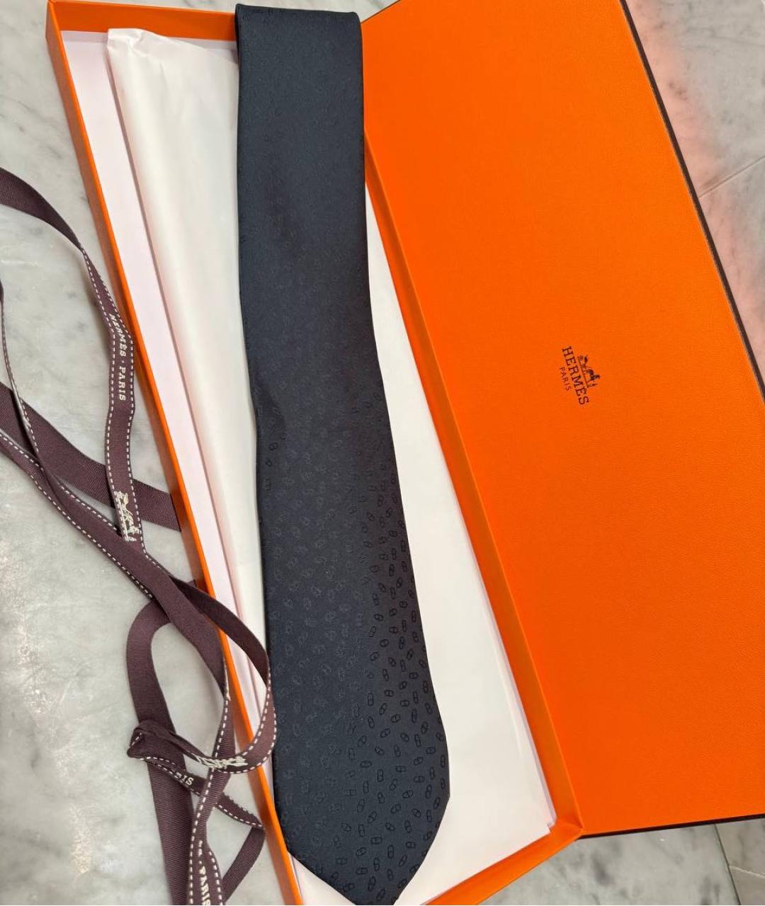 HERMES Черный шелковый галстук, фото 3