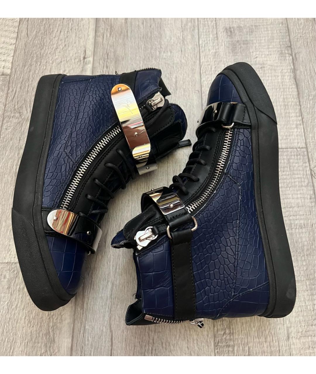 GIUSEPPE ZANOTTI DESIGN Темно-синие кожаные высокие кроссовки / кеды, фото 5