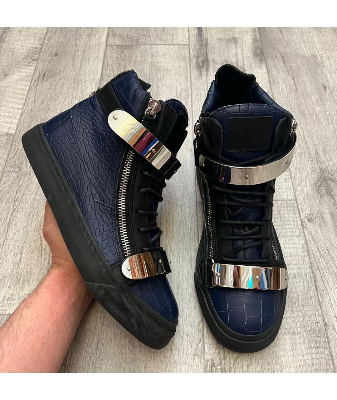 GIUSEPPE ZANOTTI DESIGN Темно-синие кожаные высокие кроссовки / кеды, фото 2