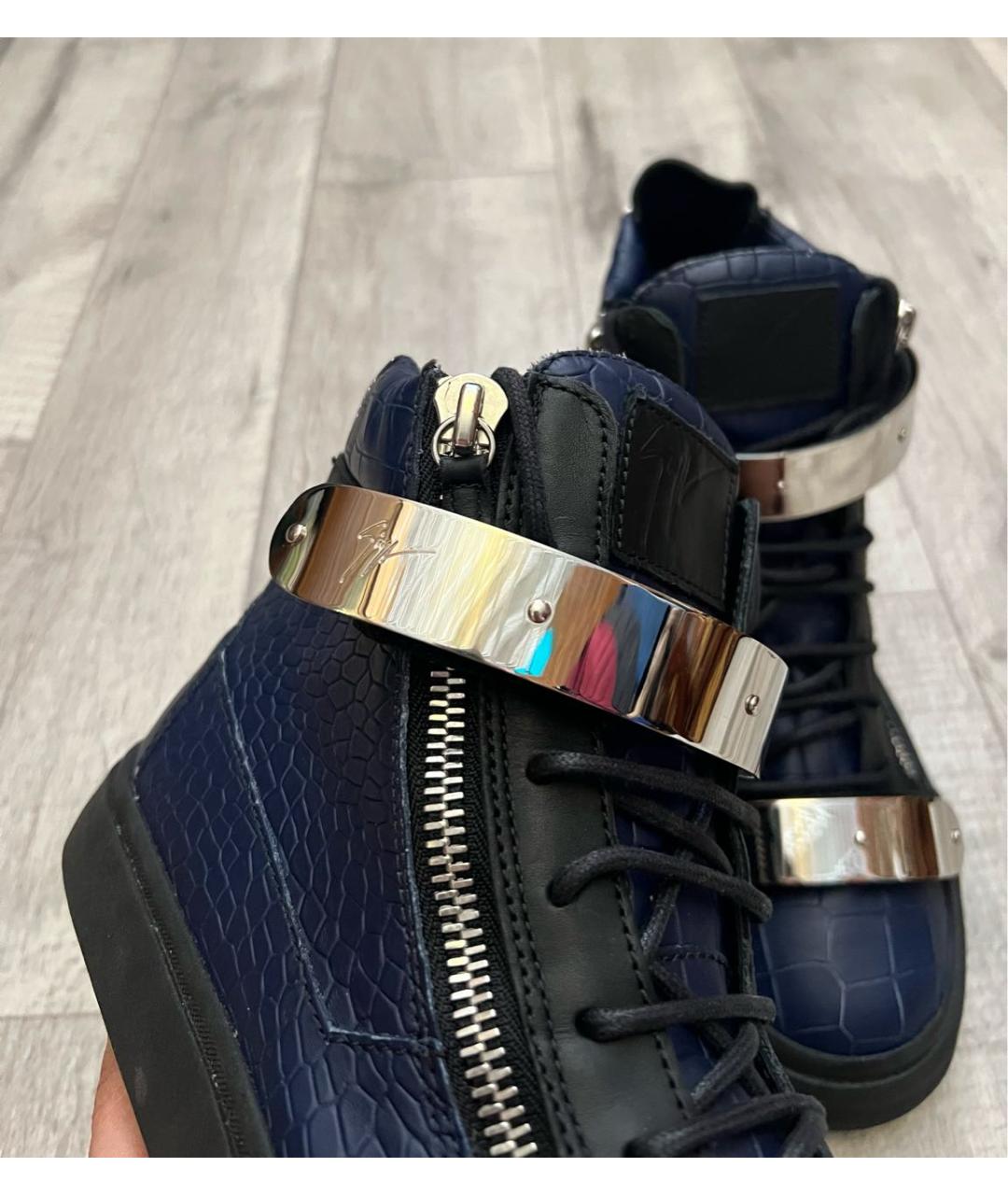 GIUSEPPE ZANOTTI DESIGN Темно-синие кожаные высокие кроссовки / кеды, фото 4