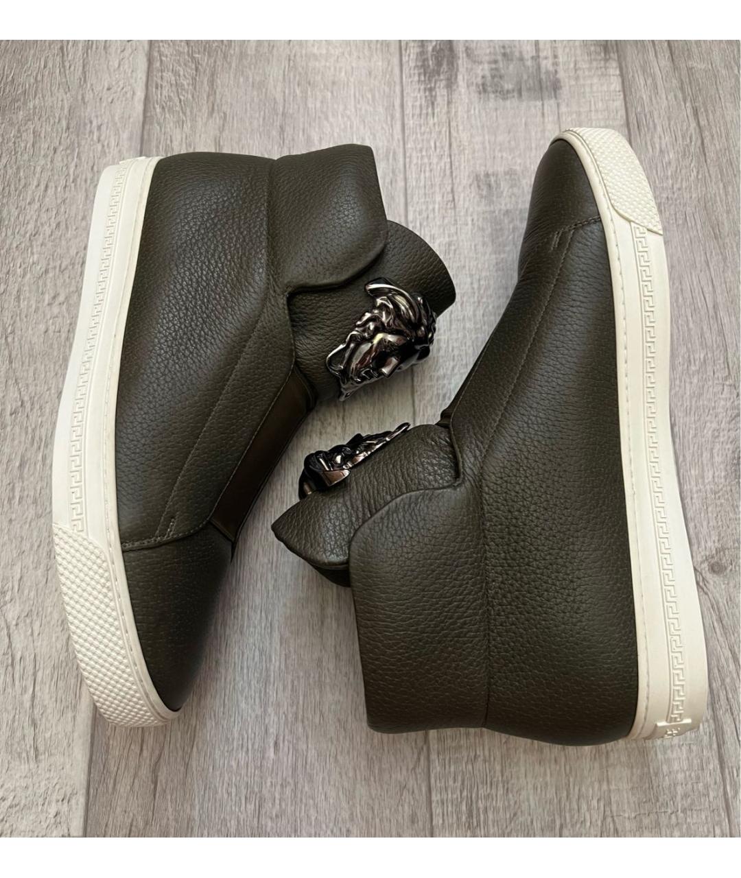 VERSACE Хаки кожаные высокие кроссовки / кеды, фото 4