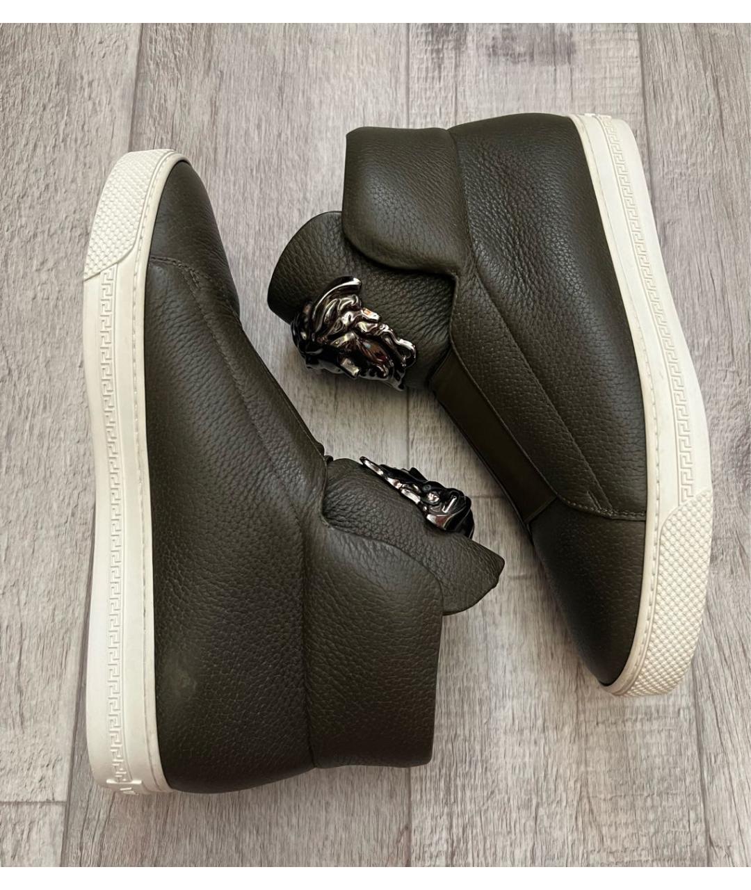 VERSACE Хаки кожаные высокие кроссовки / кеды, фото 9
