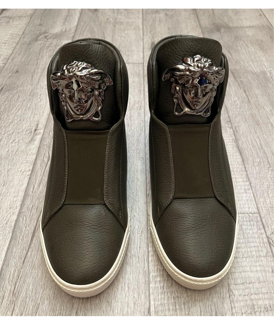 VERSACE Хаки кожаные высокие кроссовки / кеды, фото 3
