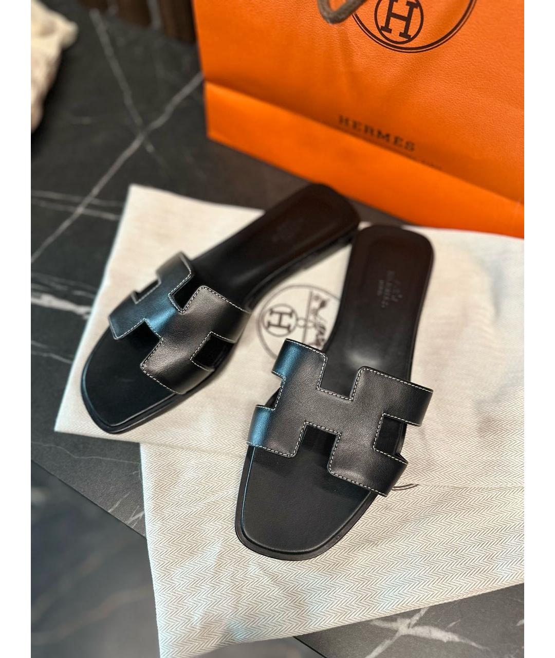 HERMES Черные кожаные шлепанцы, фото 2