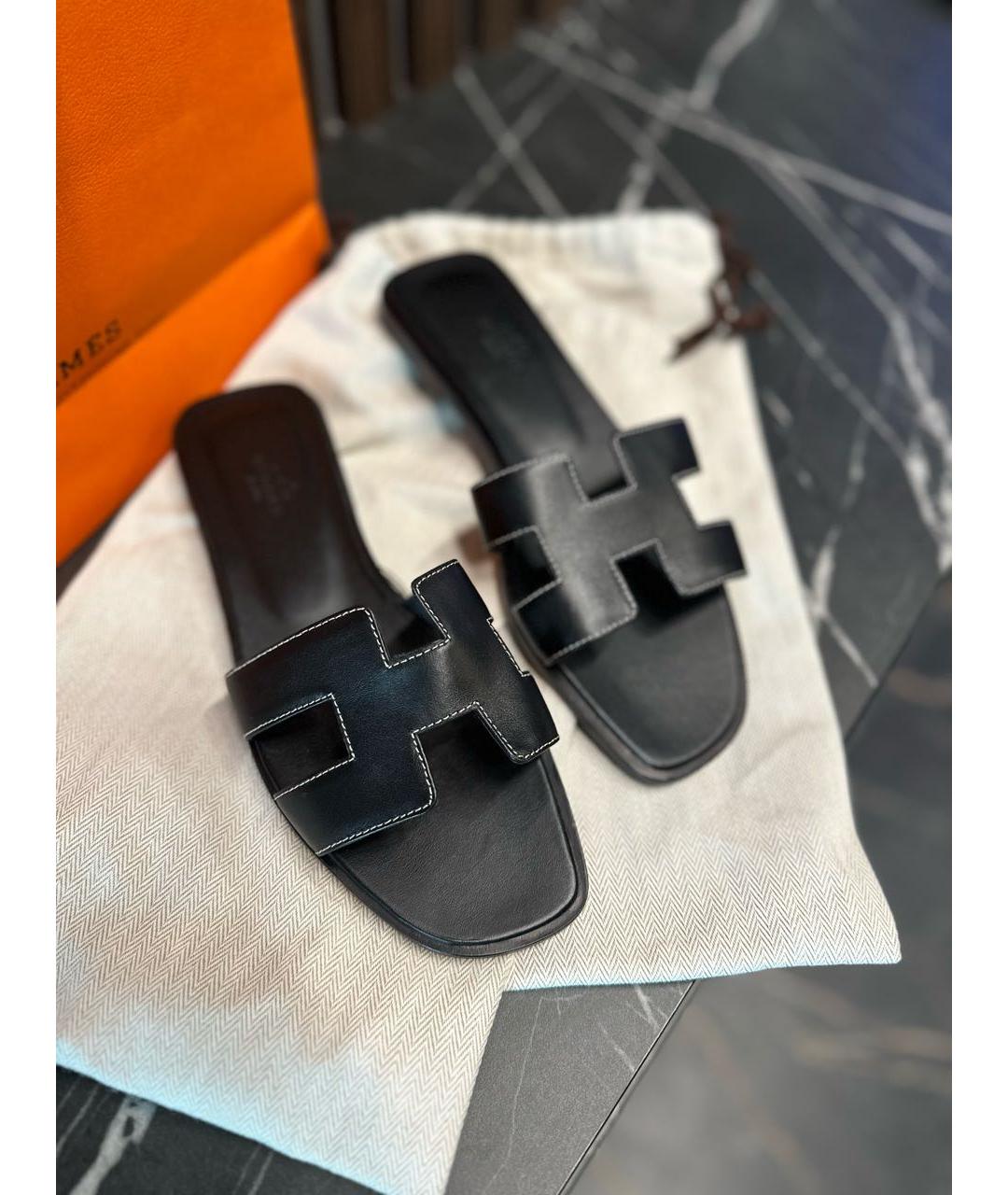 HERMES Черные кожаные шлепанцы, фото 3