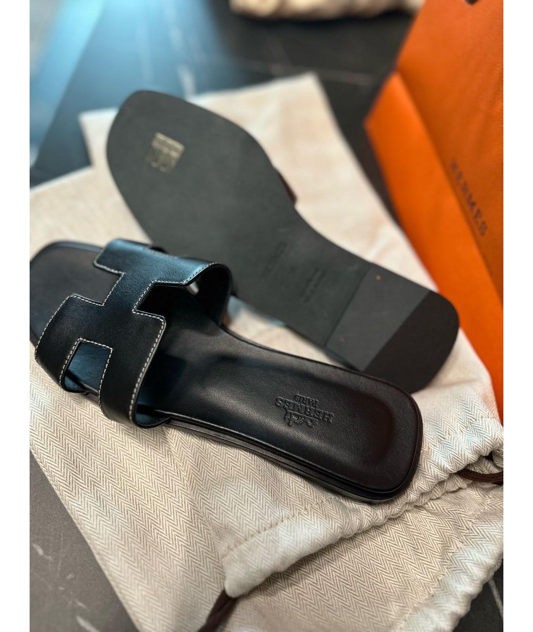 HERMES Черные кожаные шлепанцы, фото 4