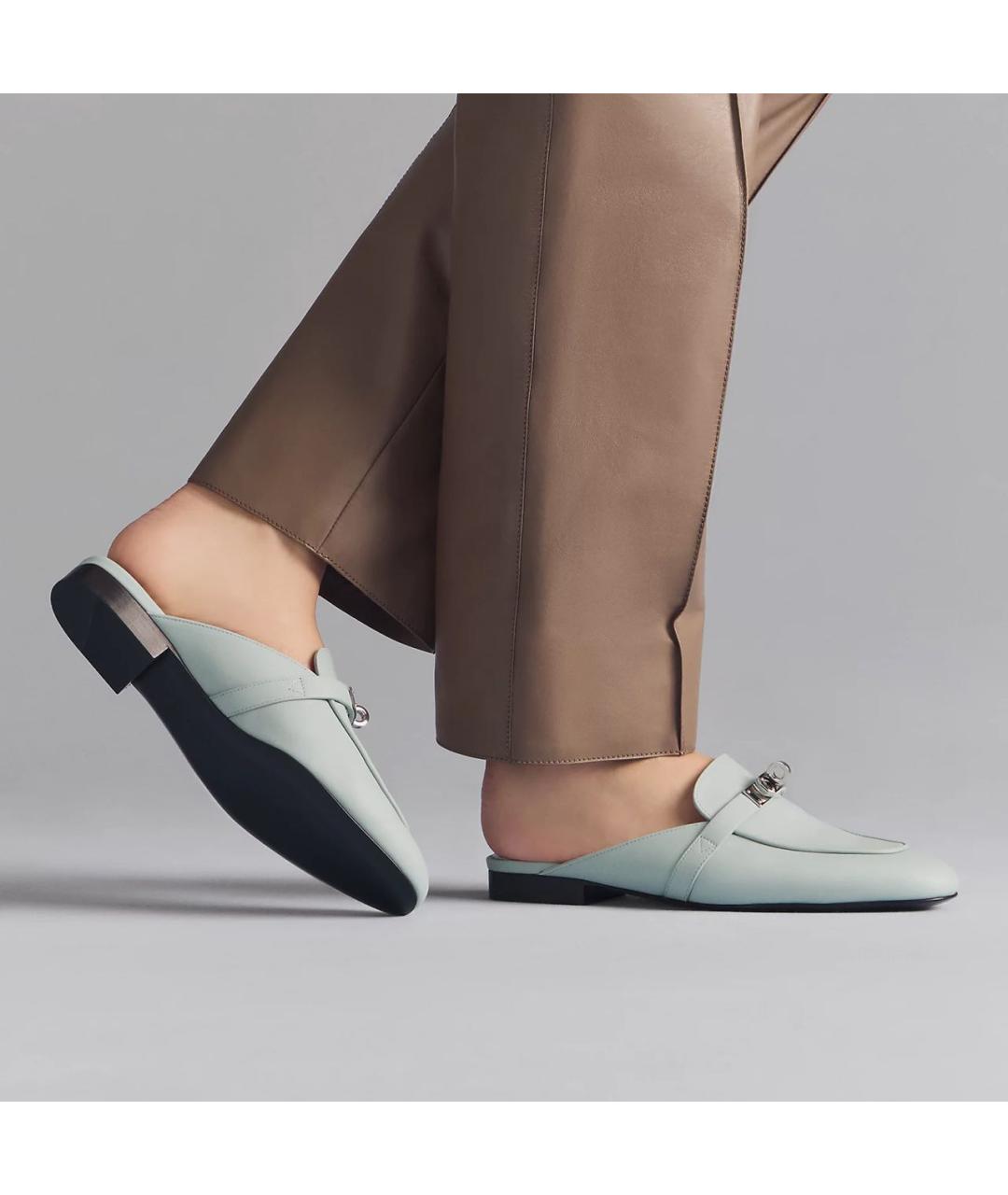 HERMES Бирюзовые кожаные мюли, фото 3