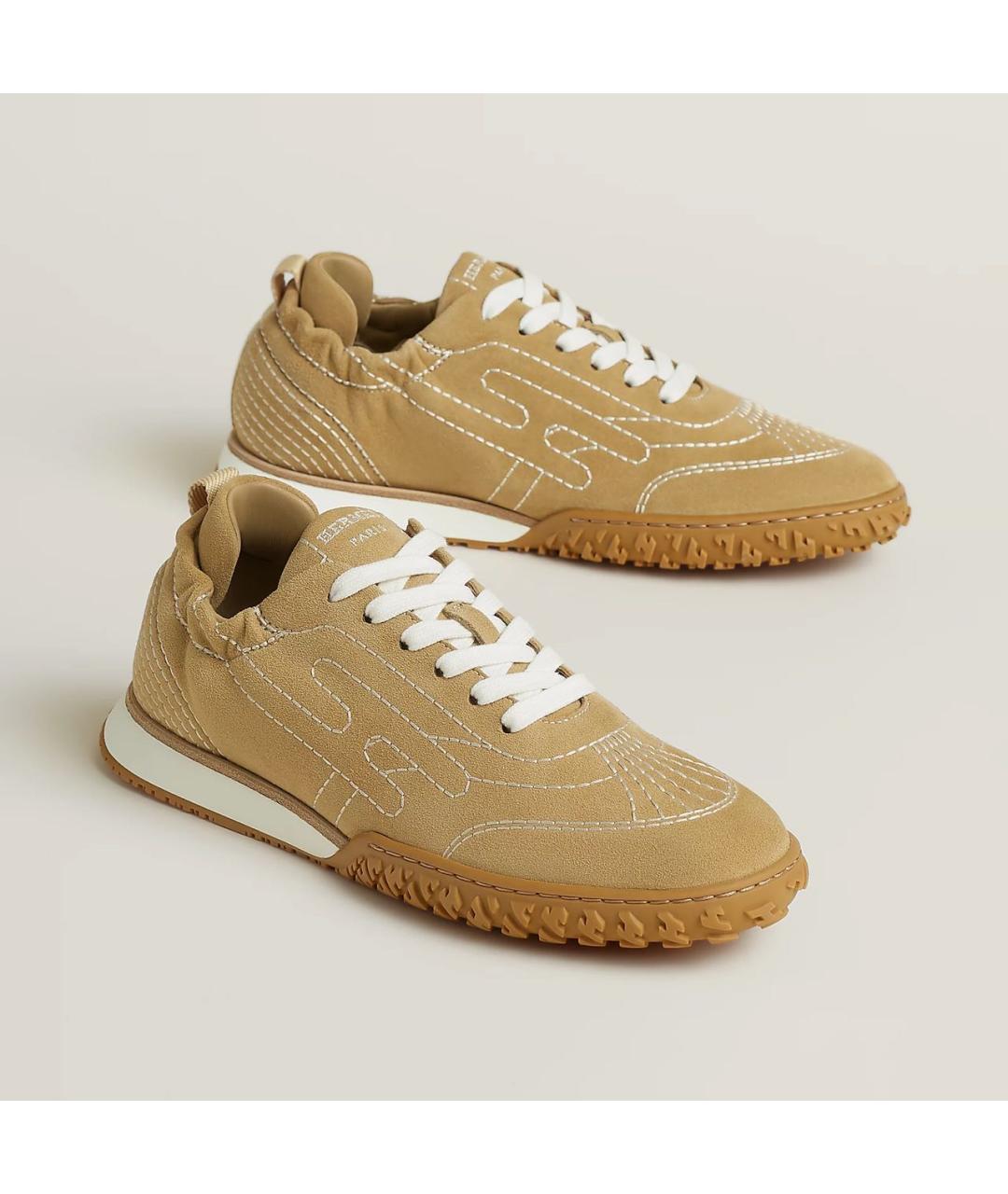 HERMES Бежевые кожаные кроссовки, фото 2