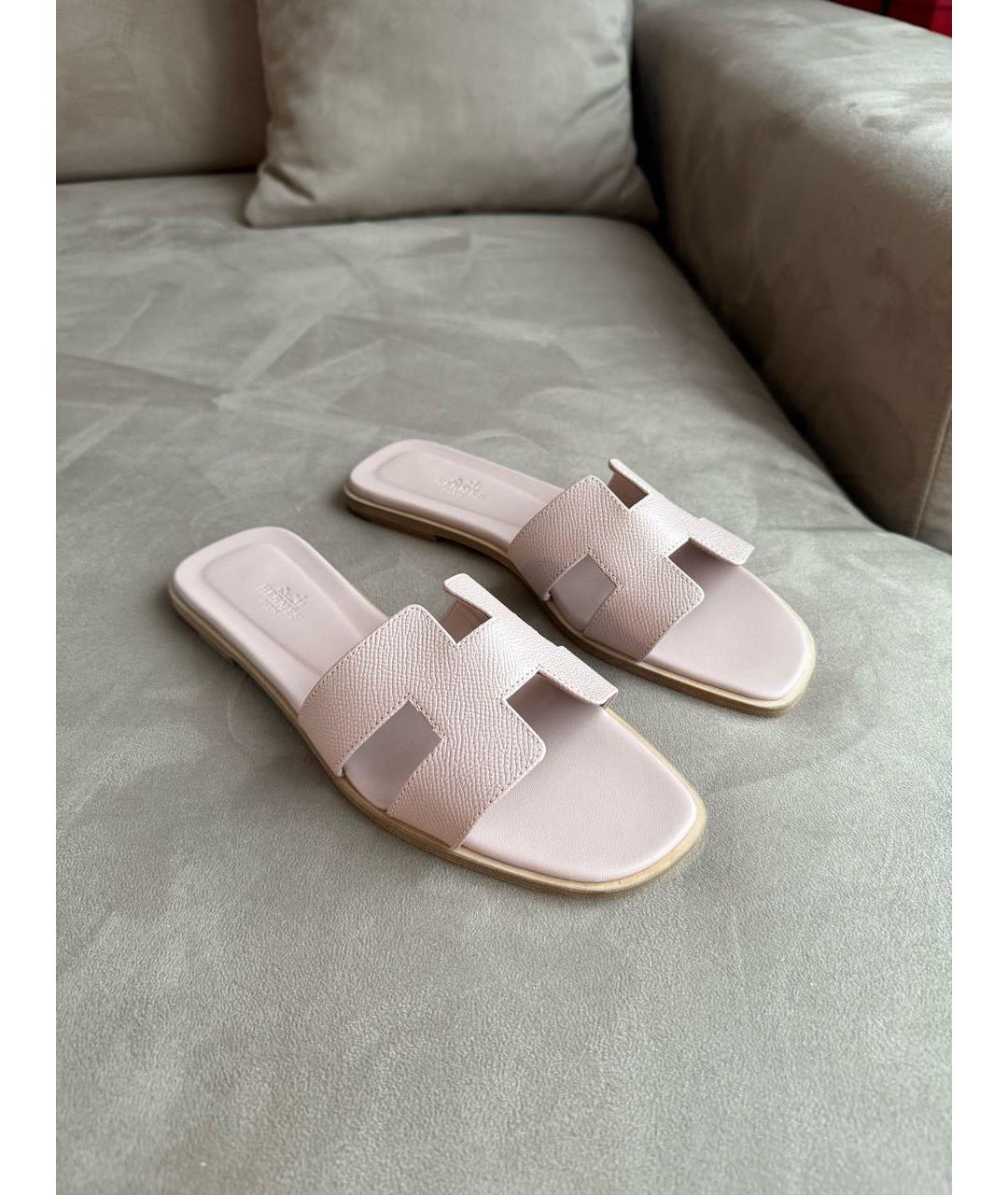 HERMES Розовые кожаные шлепанцы, фото 7