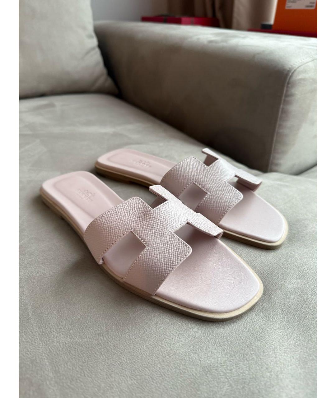 HERMES Розовые кожаные шлепанцы, фото 3