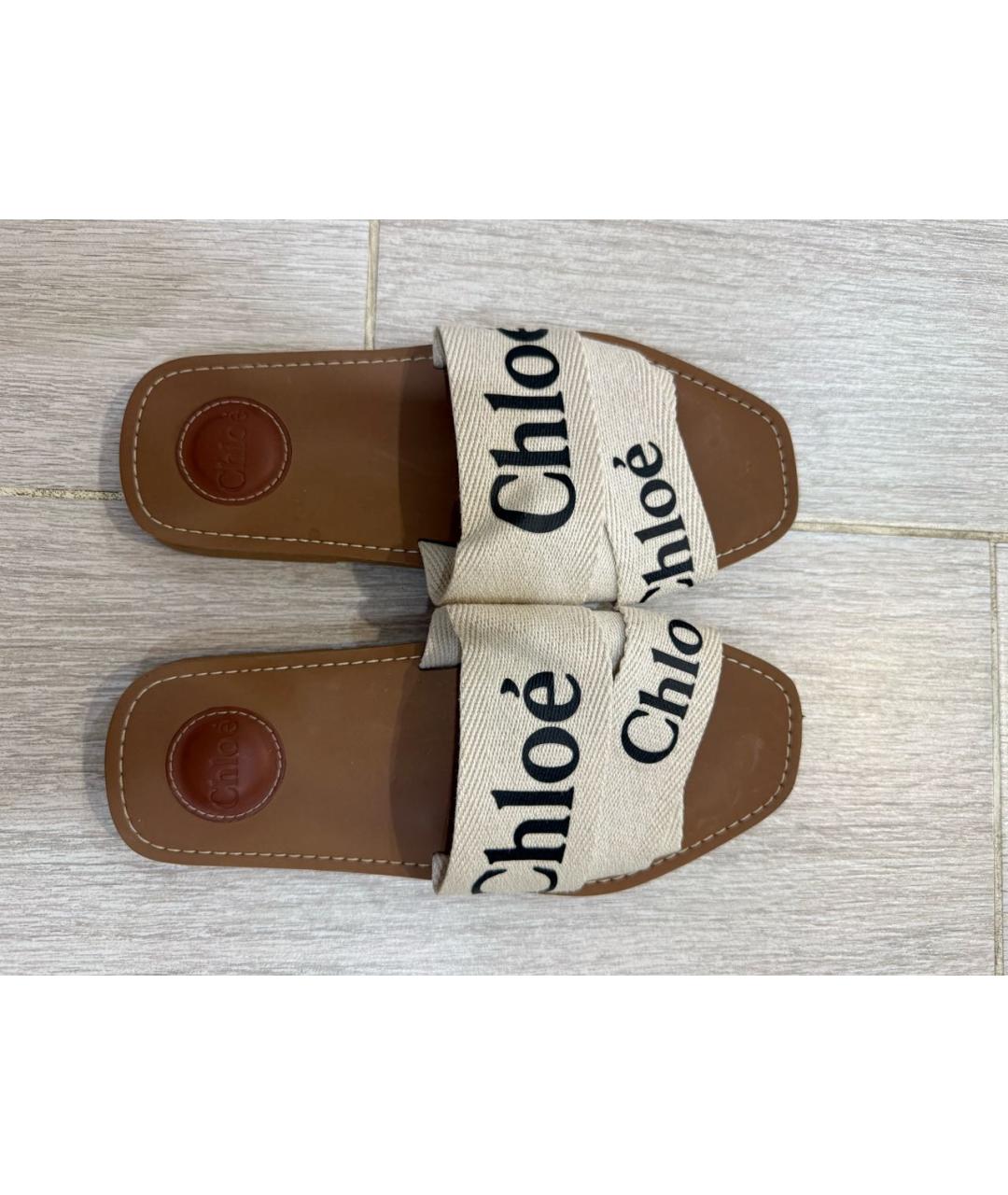 CHLOE Бежевые текстильные шлепанцы, фото 2