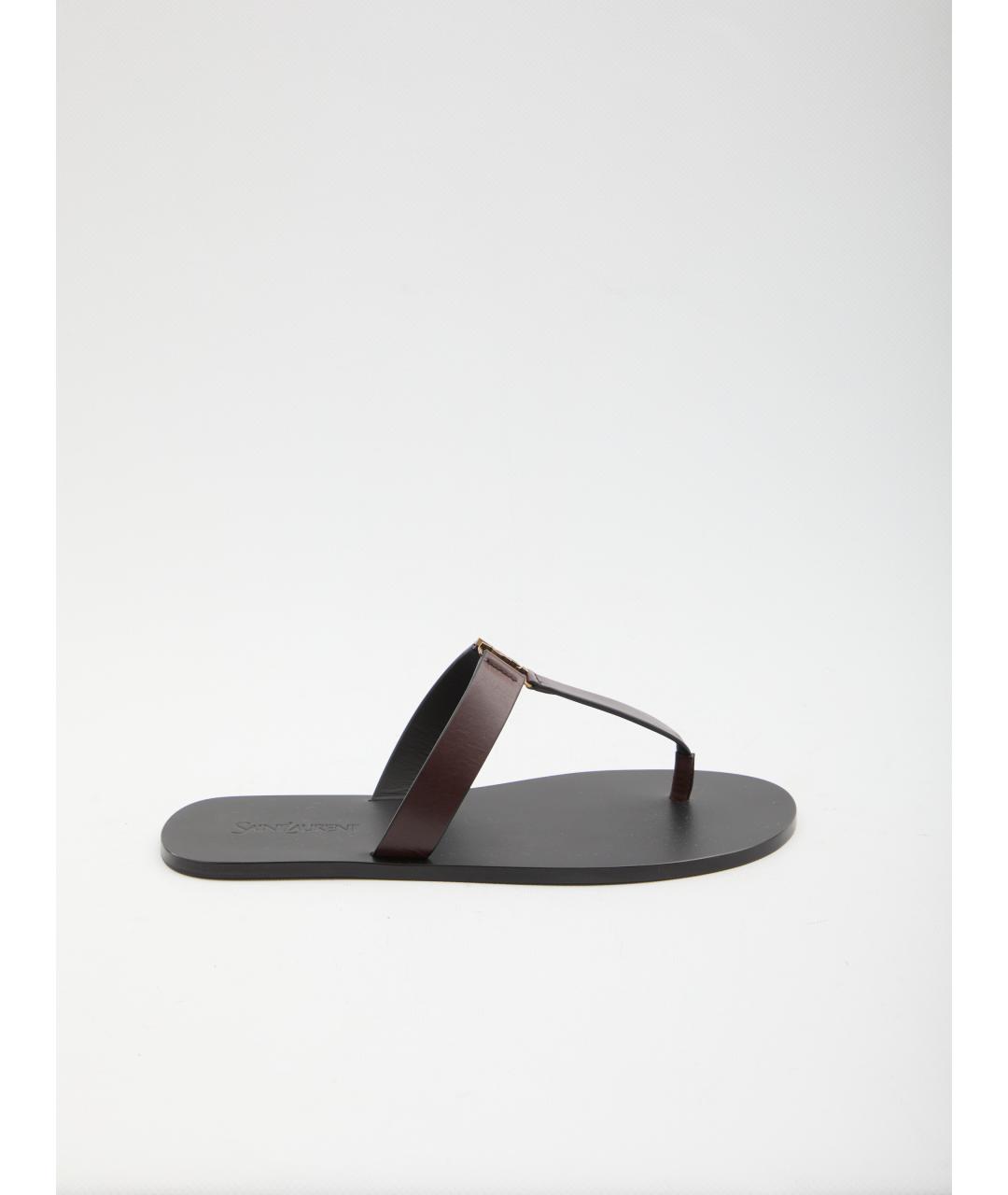 SAINT LAURENT Коричневые кожаные шлепанцы, фото 1