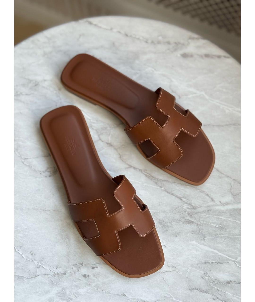 HERMES Коричневые кожаные шлепанцы, фото 3