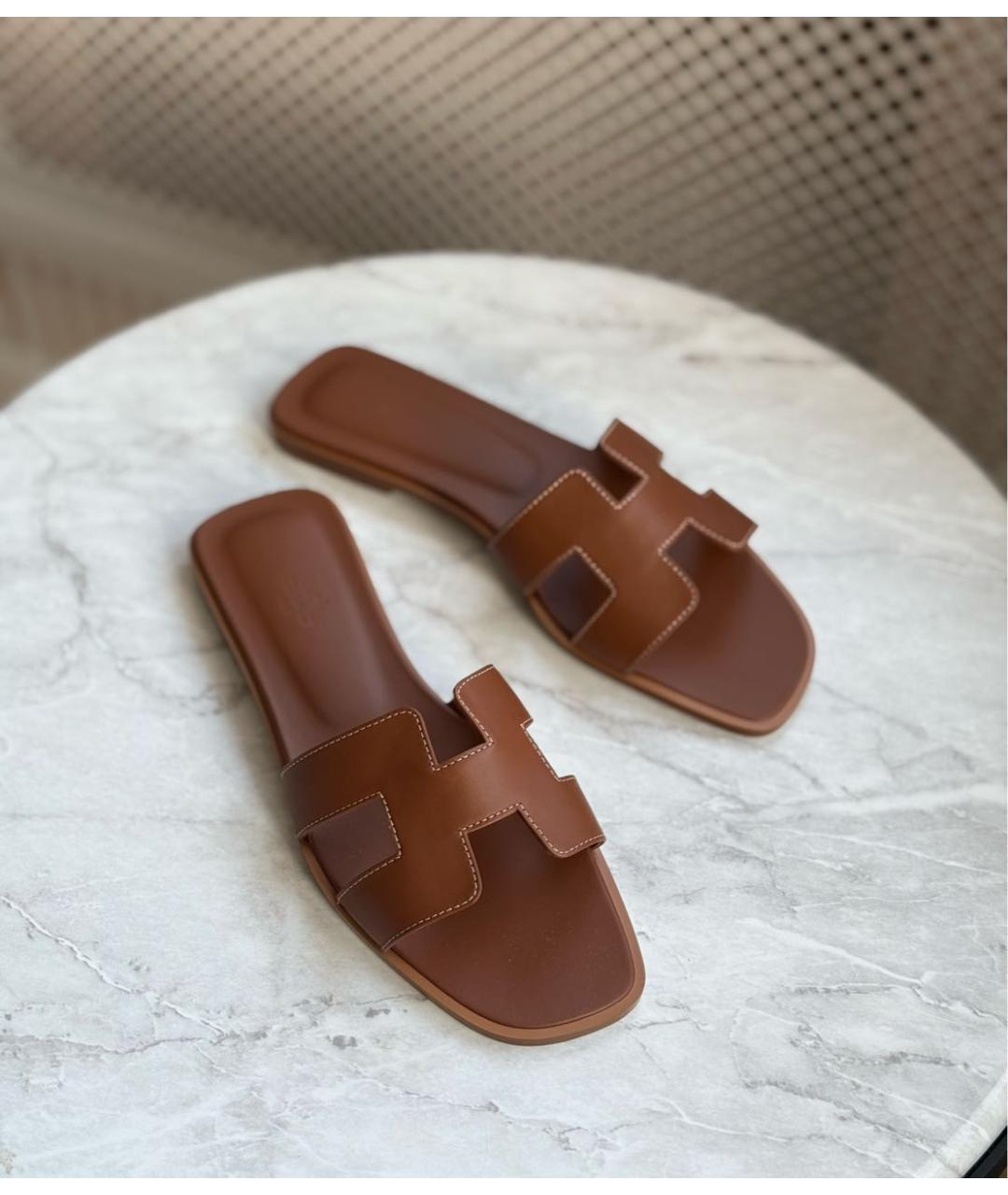 HERMES Коричневые кожаные шлепанцы, фото 2