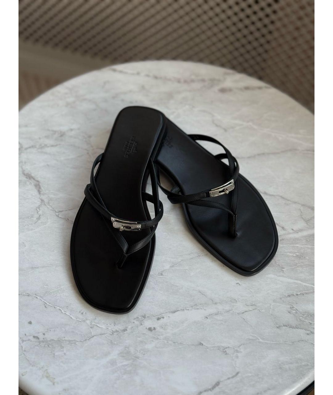 HERMES Черные кожаные шлепанцы, фото 2
