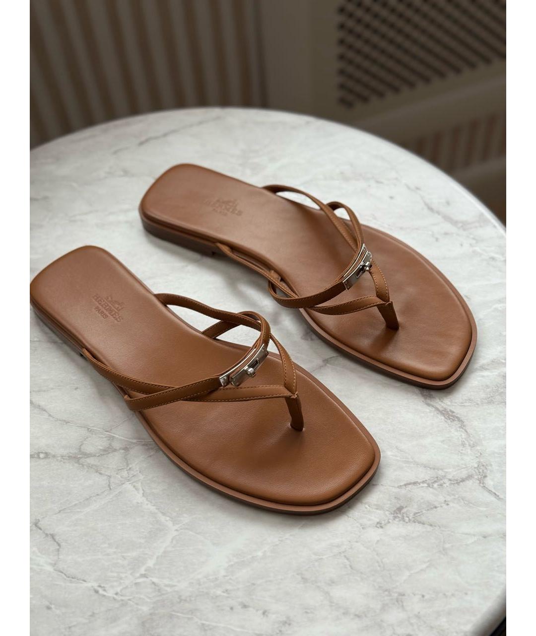 HERMES Коричневые кожаные шлепанцы, фото 2