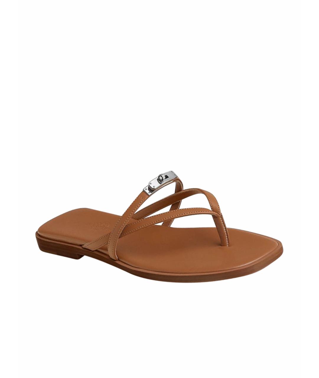 HERMES Коричневые кожаные шлепанцы, фото 1