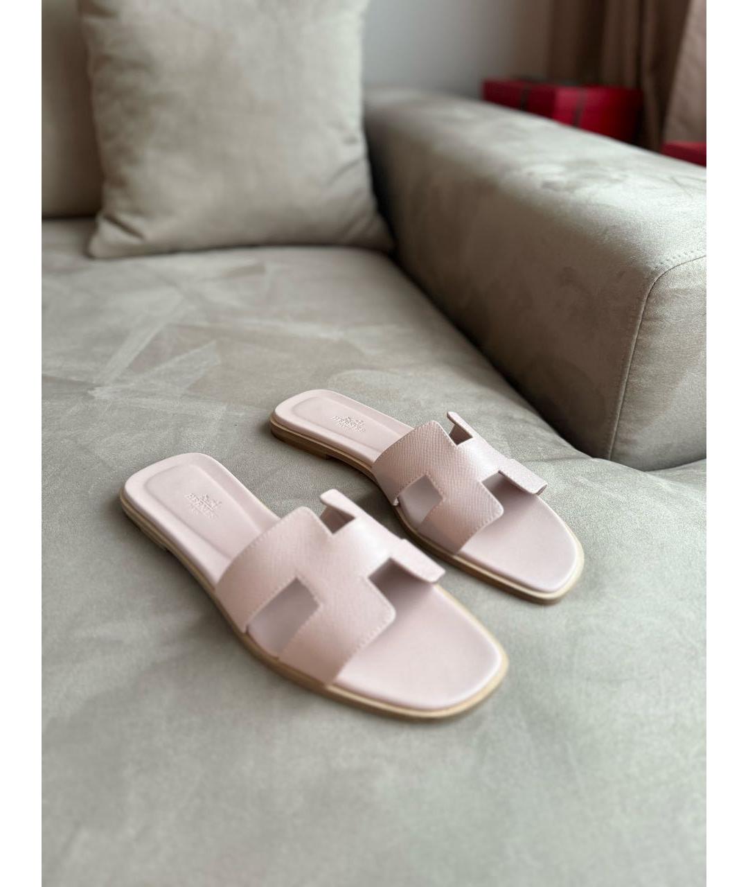 HERMES Розовые кожаные шлепанцы, фото 2