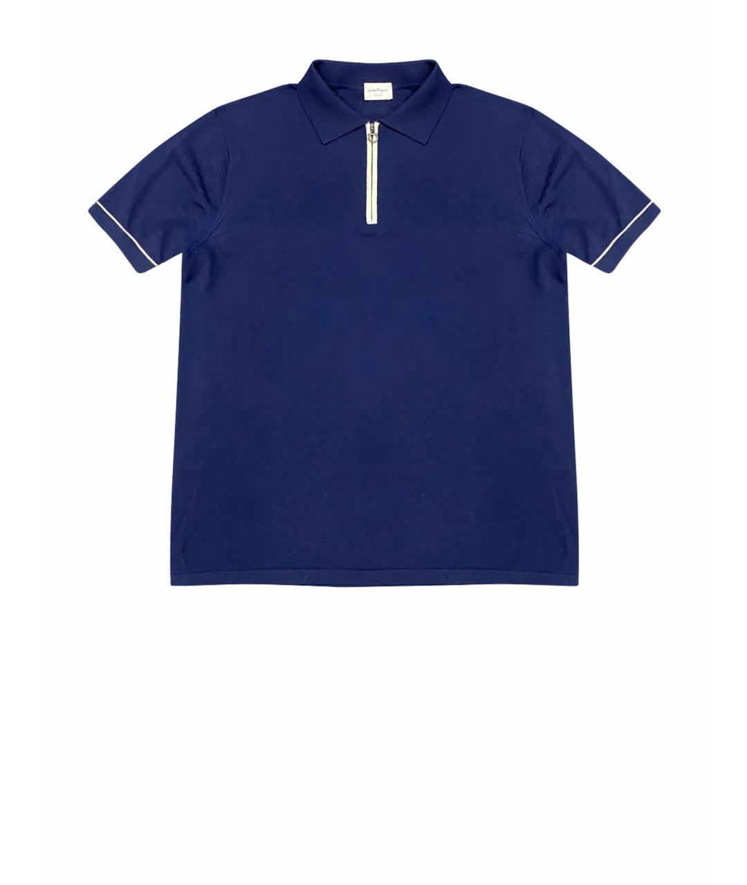 FERRAGAMO Темно-синее хлопко-шерстяное поло с коротким рукавом, фото 1