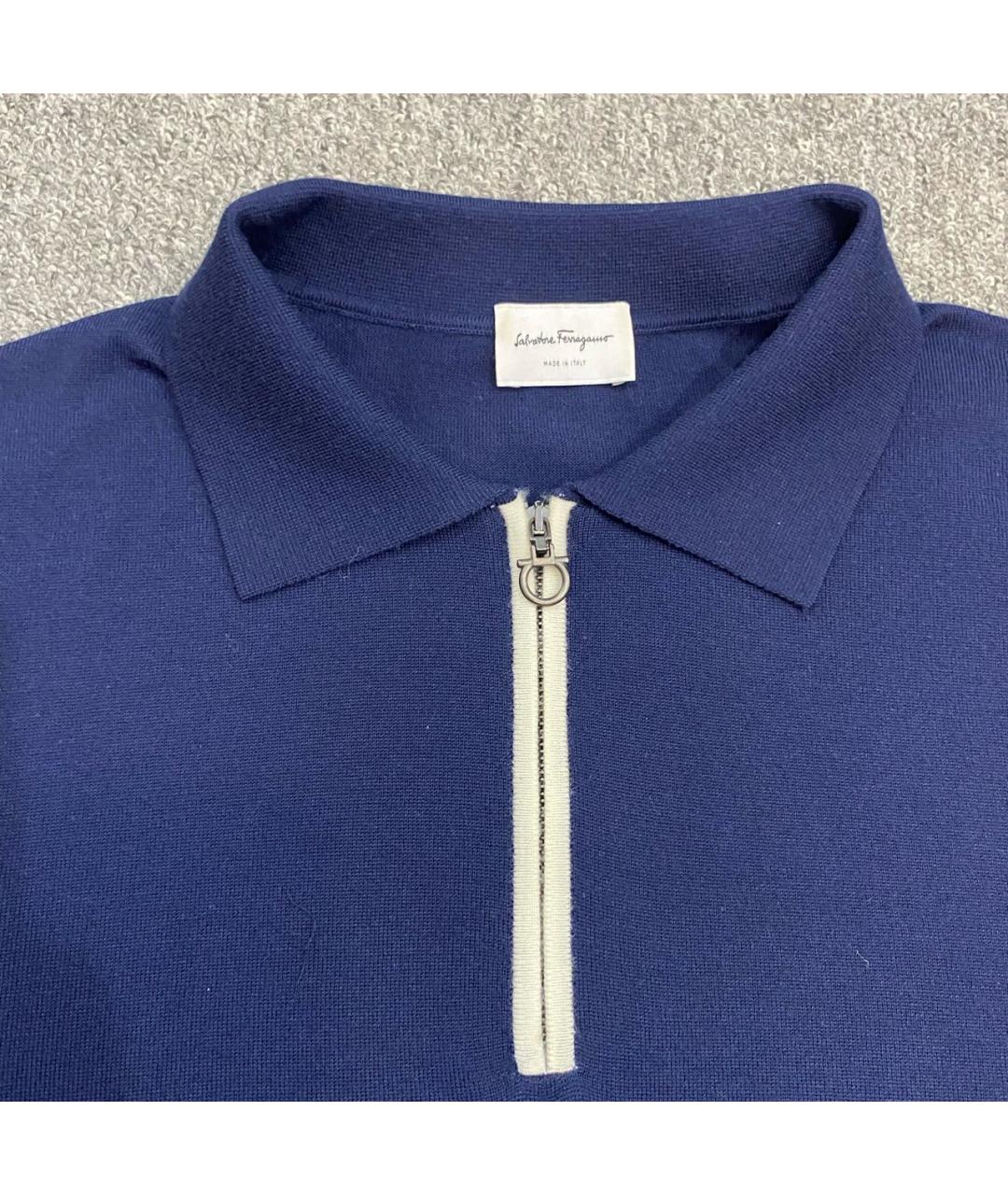 FERRAGAMO Темно-синее хлопко-шерстяное поло с коротким рукавом, фото 2