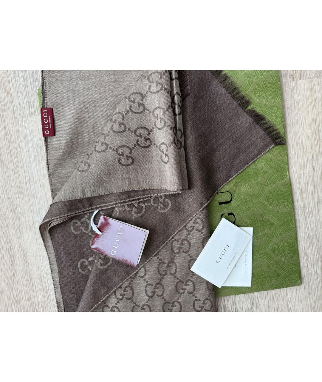 GUCCI Коричневый шерстяной шарф, фото 5