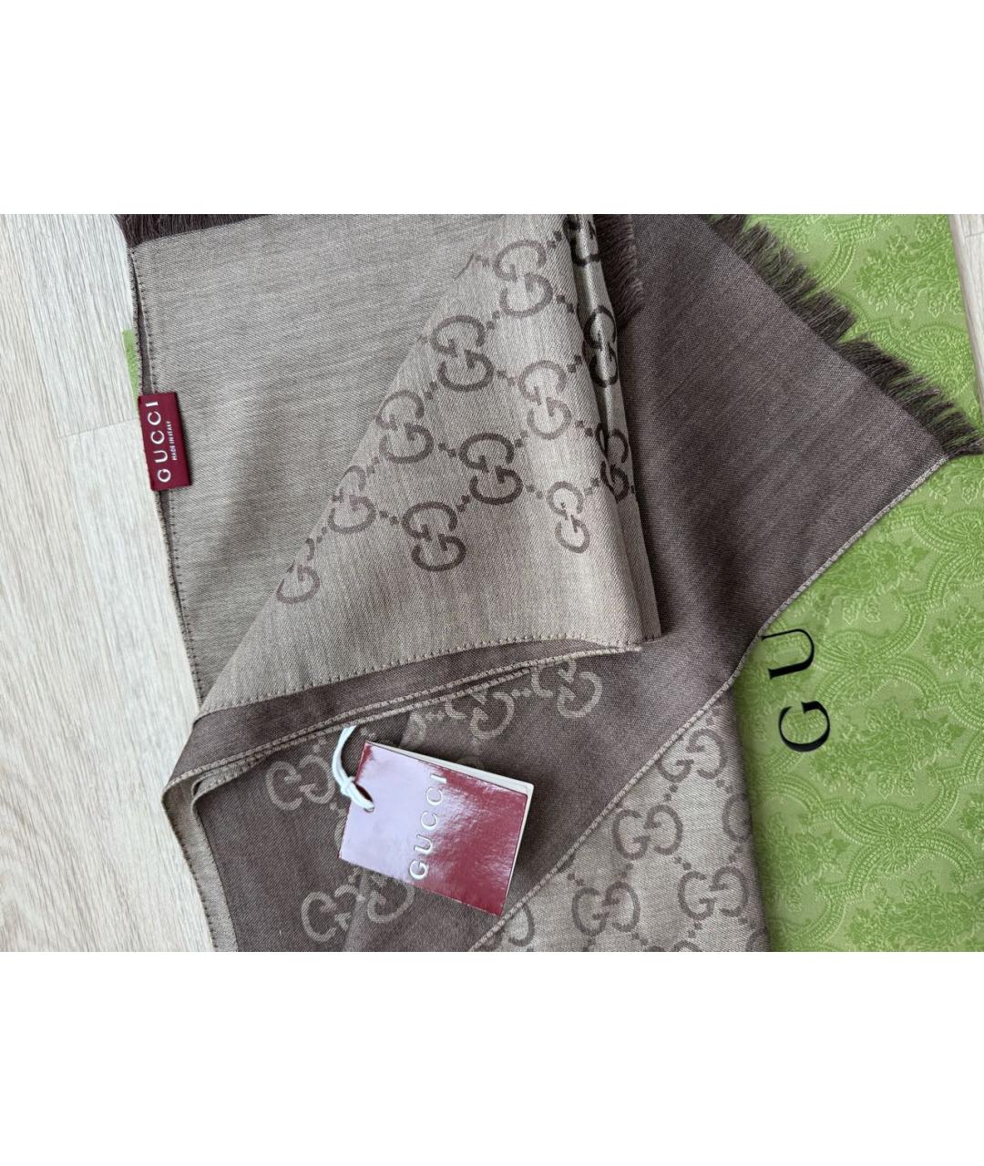 GUCCI Коричневый шерстяной шарф, фото 4