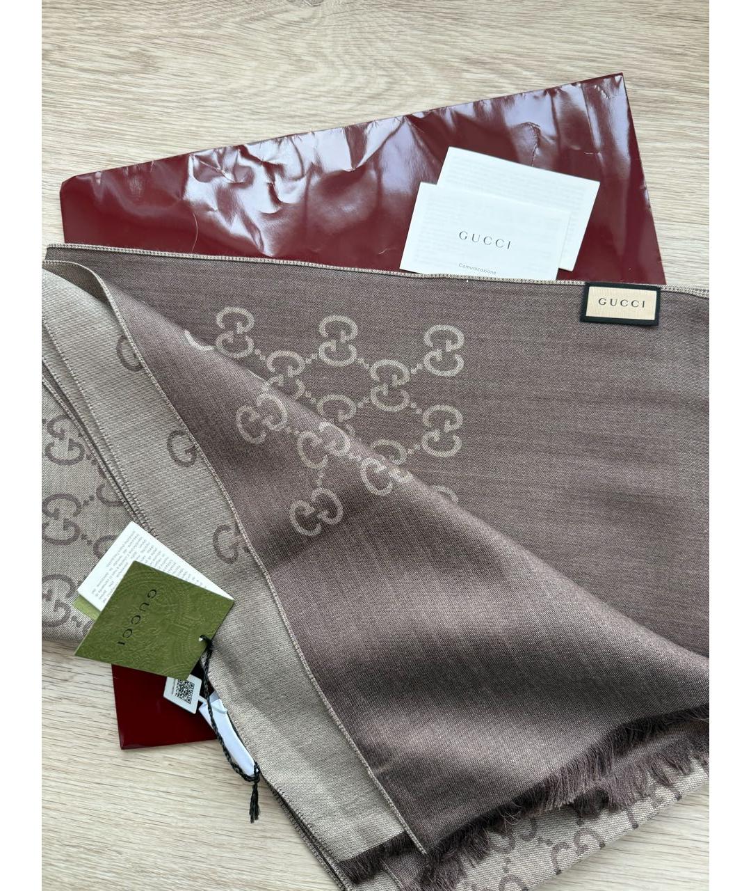 GUCCI Коричневый шерстяной шарф, фото 3