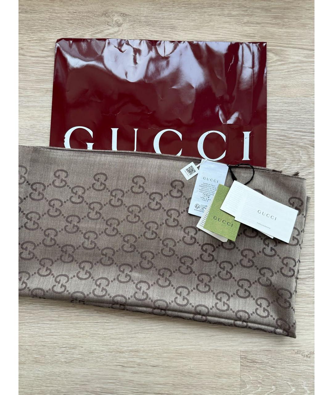 GUCCI Коричневый шерстяной шарф, фото 2