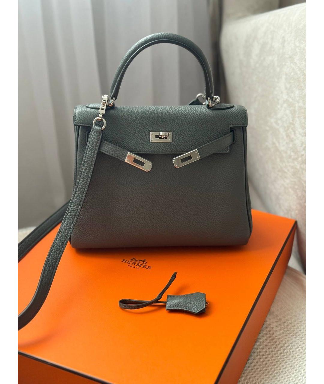 HERMES Серая кожаная сумка с короткими ручками, фото 9