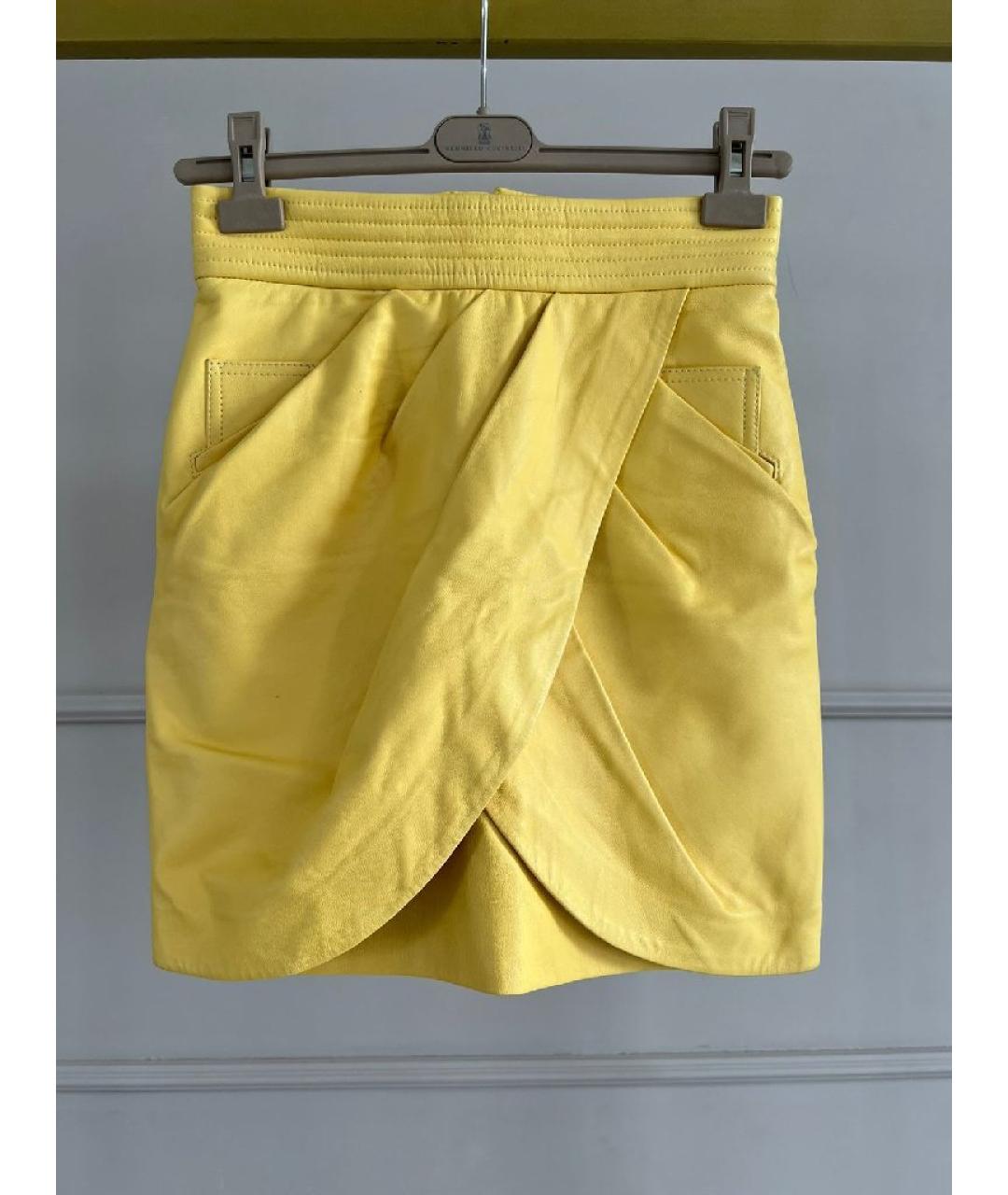 BALMAIN Желтая кожаная юбка мини, фото 8