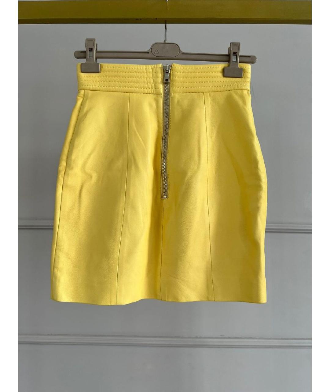 BALMAIN Желтая кожаная юбка мини, фото 2