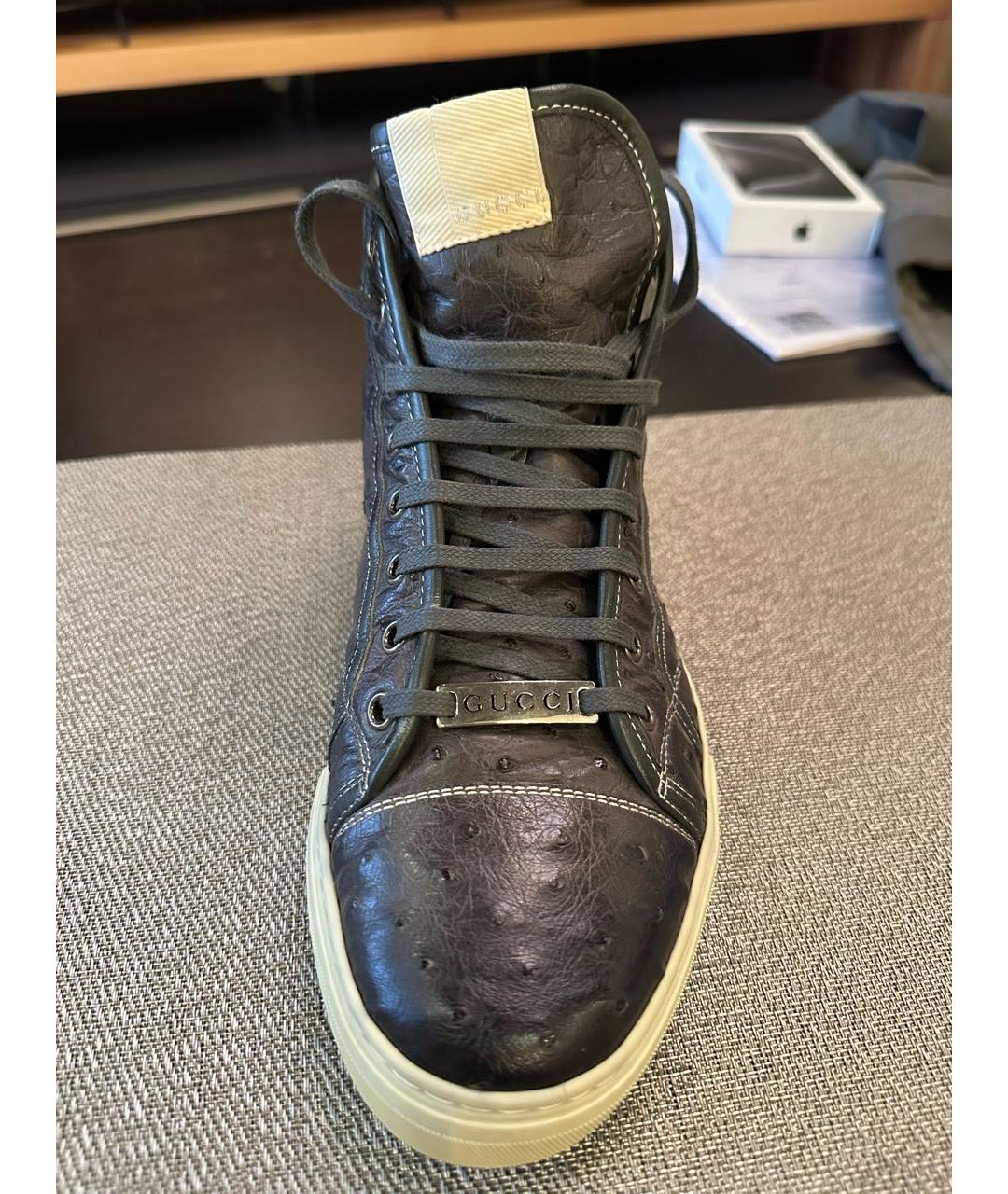 GUCCI Антрацитовые кожаные высокие кроссовки / кеды, фото 3