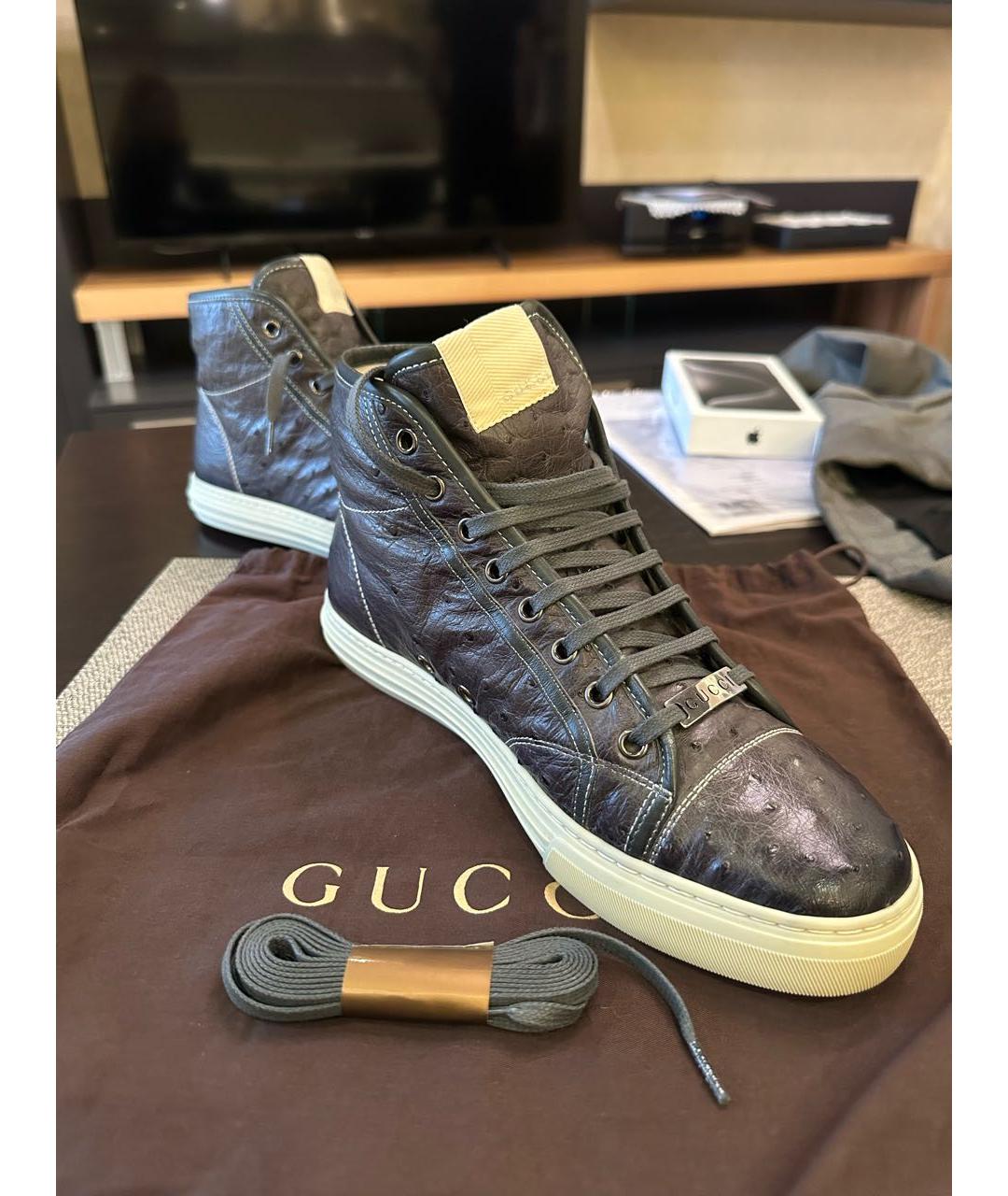 GUCCI Антрацитовые кожаные высокие кроссовки / кеды, фото 2