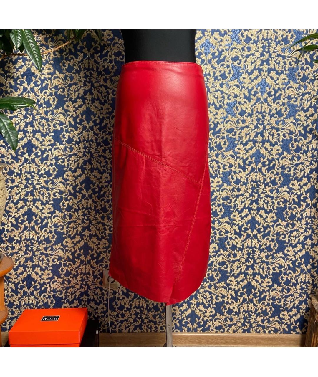 DKNY Красная кожаная юбка миди, фото 2