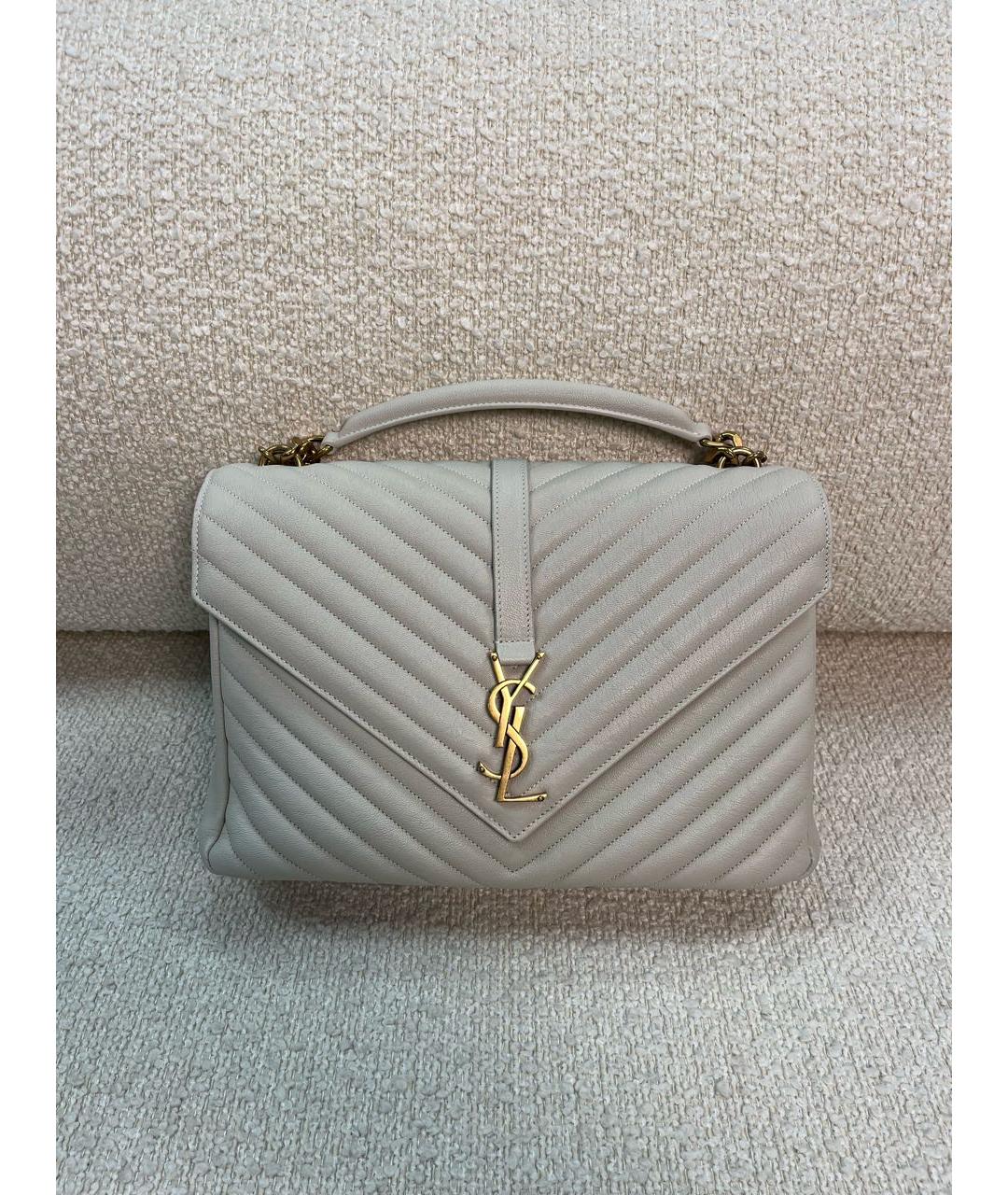 SAINT LAURENT Бежевая кожаная сумка с короткими ручками, фото 9