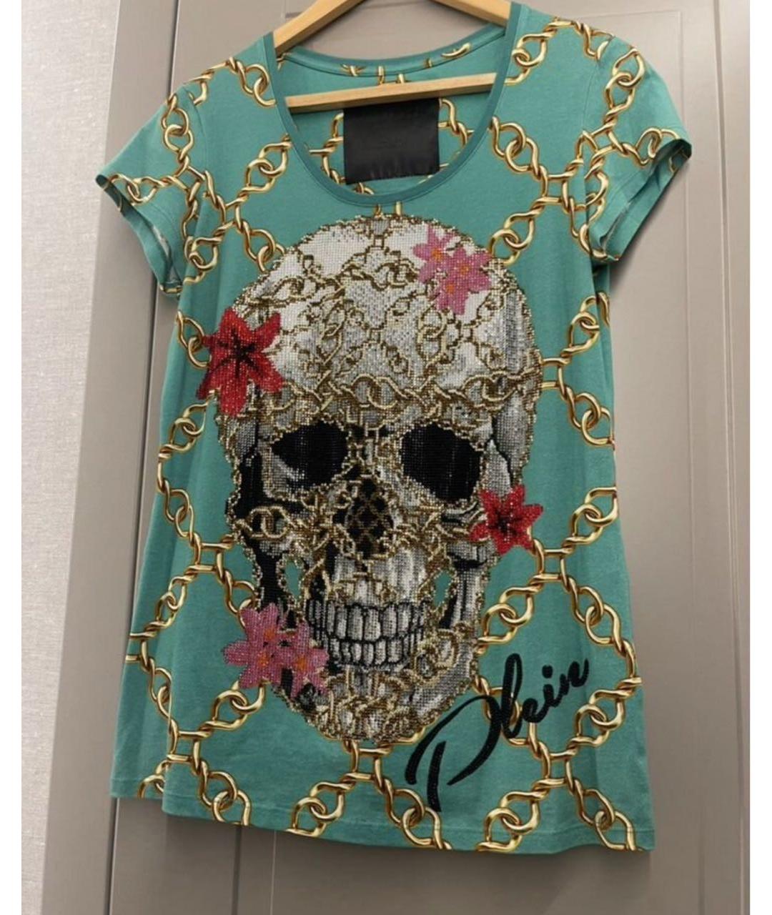 PHILIPP PLEIN Зеленая хлопко-эластановая футболка, фото 7