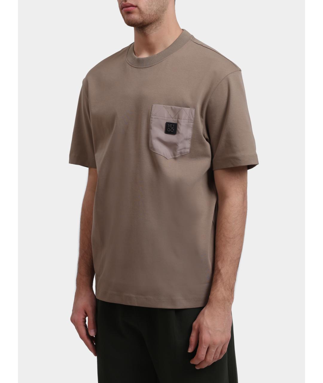 HUGO Бежевая хлопковая футболка, фото 3