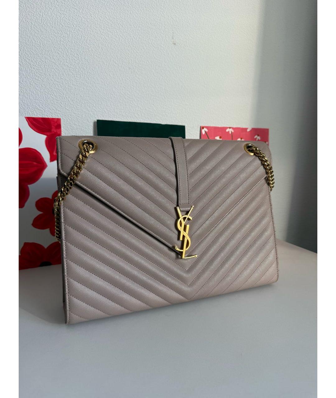 SAINT LAURENT Бежевая кожаная сумка через плечо, фото 2