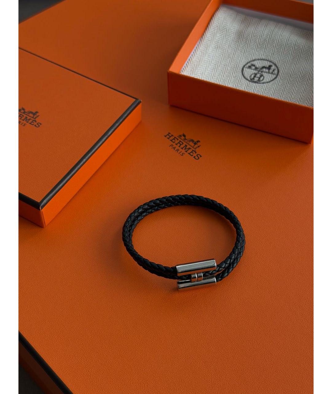 HERMES Черный кожаный браслет, фото 2