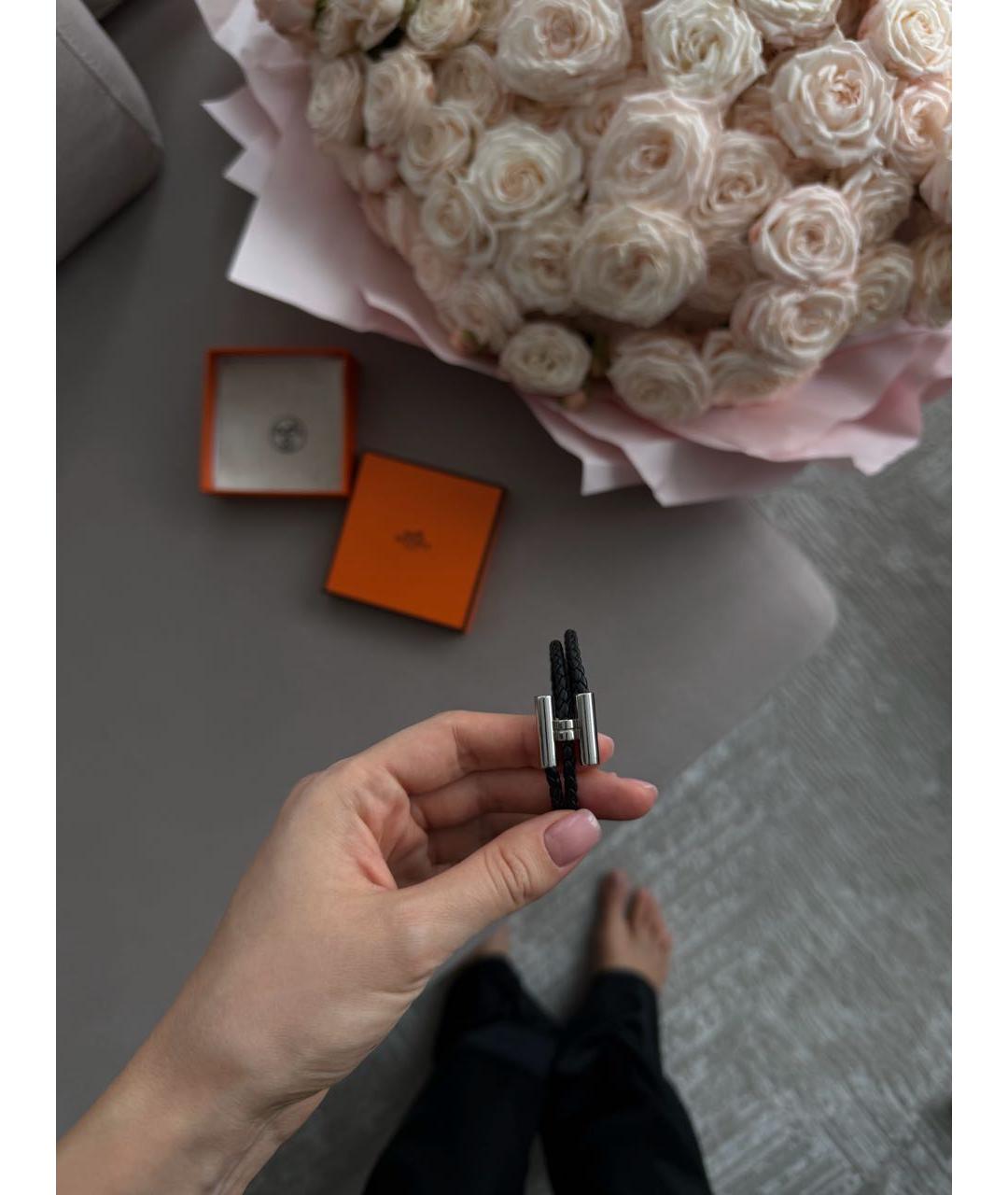 HERMES Черный кожаный браслет, фото 3