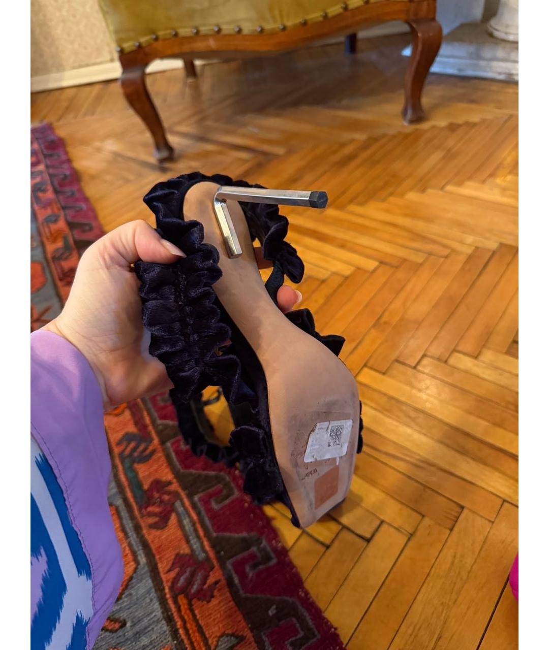 OFF-WHITE Темно-синие бархатные босоножки, фото 7