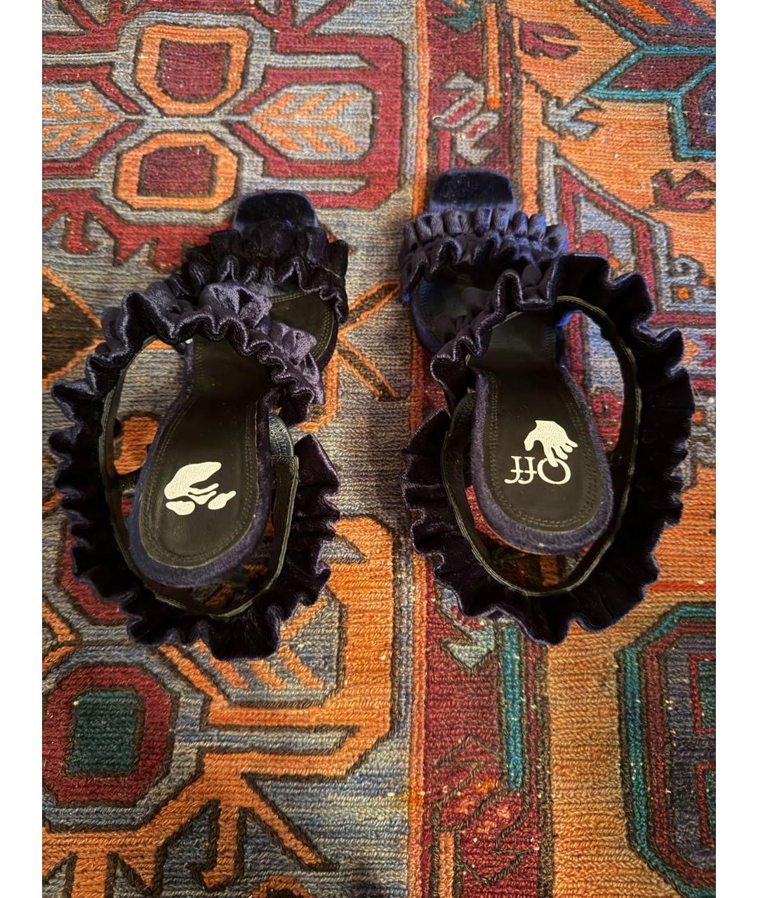 OFF-WHITE Темно-синие бархатные босоножки, фото 3