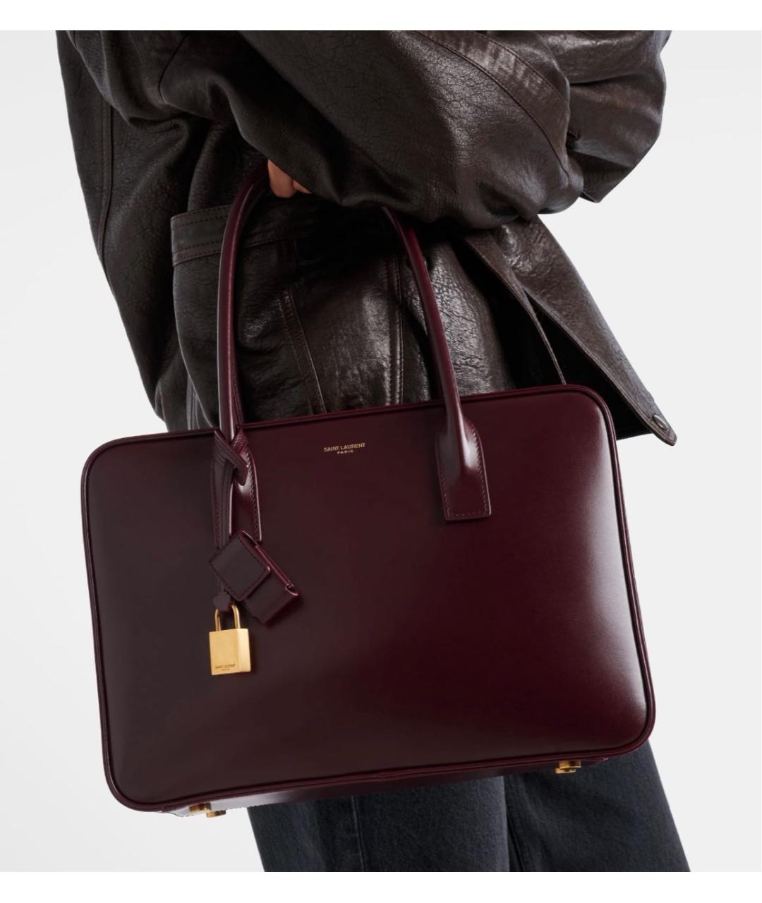 SAINT LAURENT Бордовая кожаная сумка тоут, фото 3