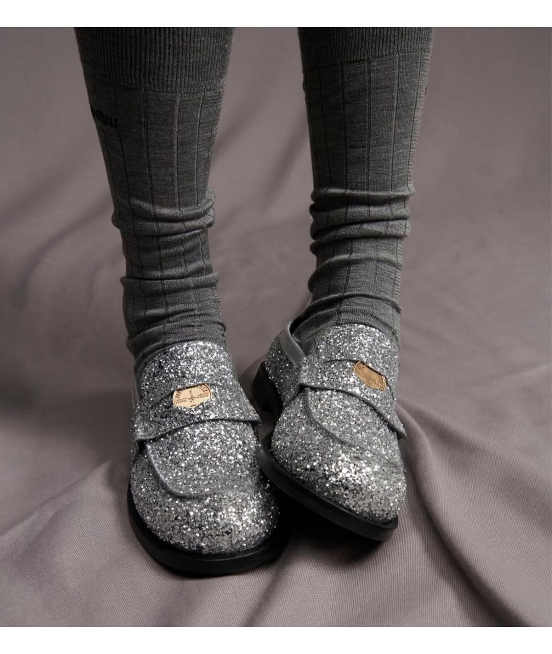 MIU MIU Серебряные кожаные лоферы, фото 4