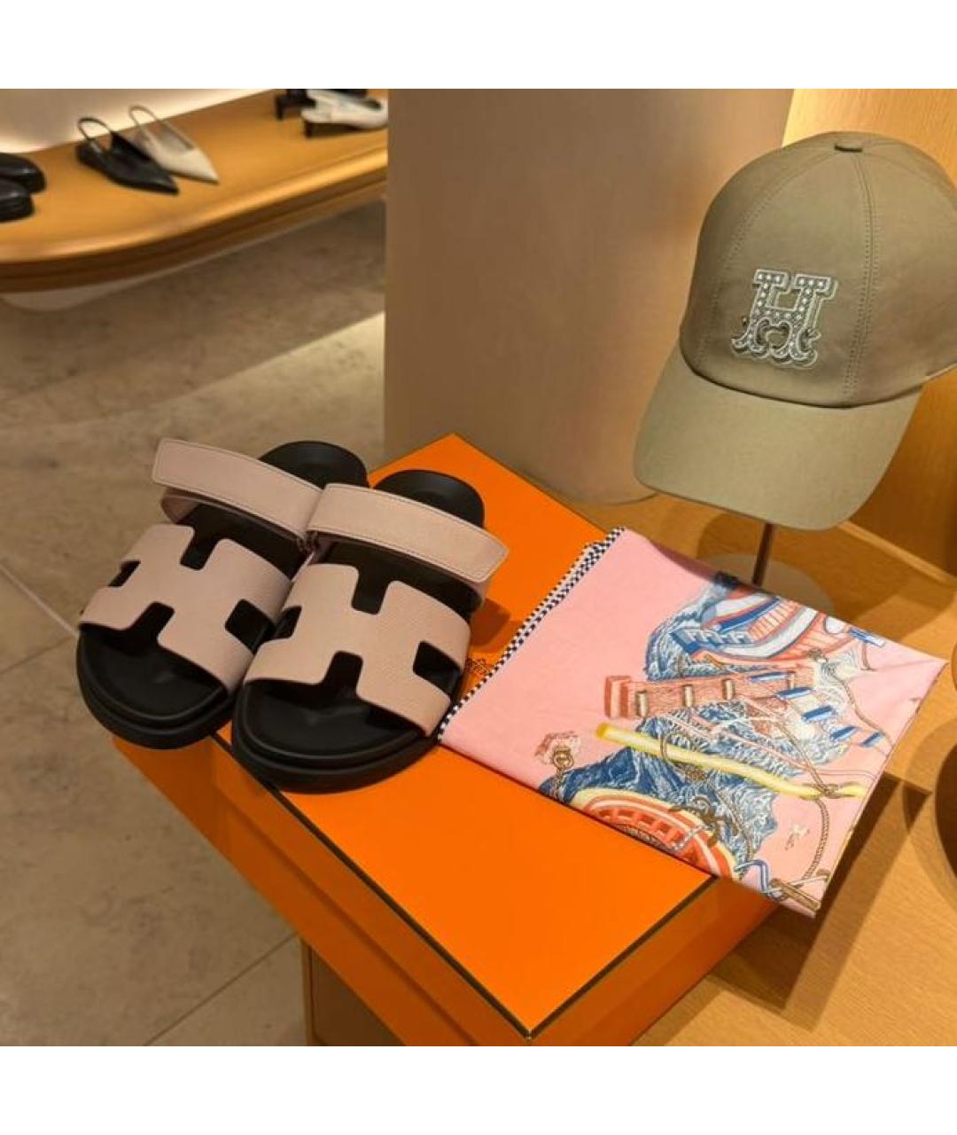 HERMES Розовые кожаные шлепанцы, фото 4