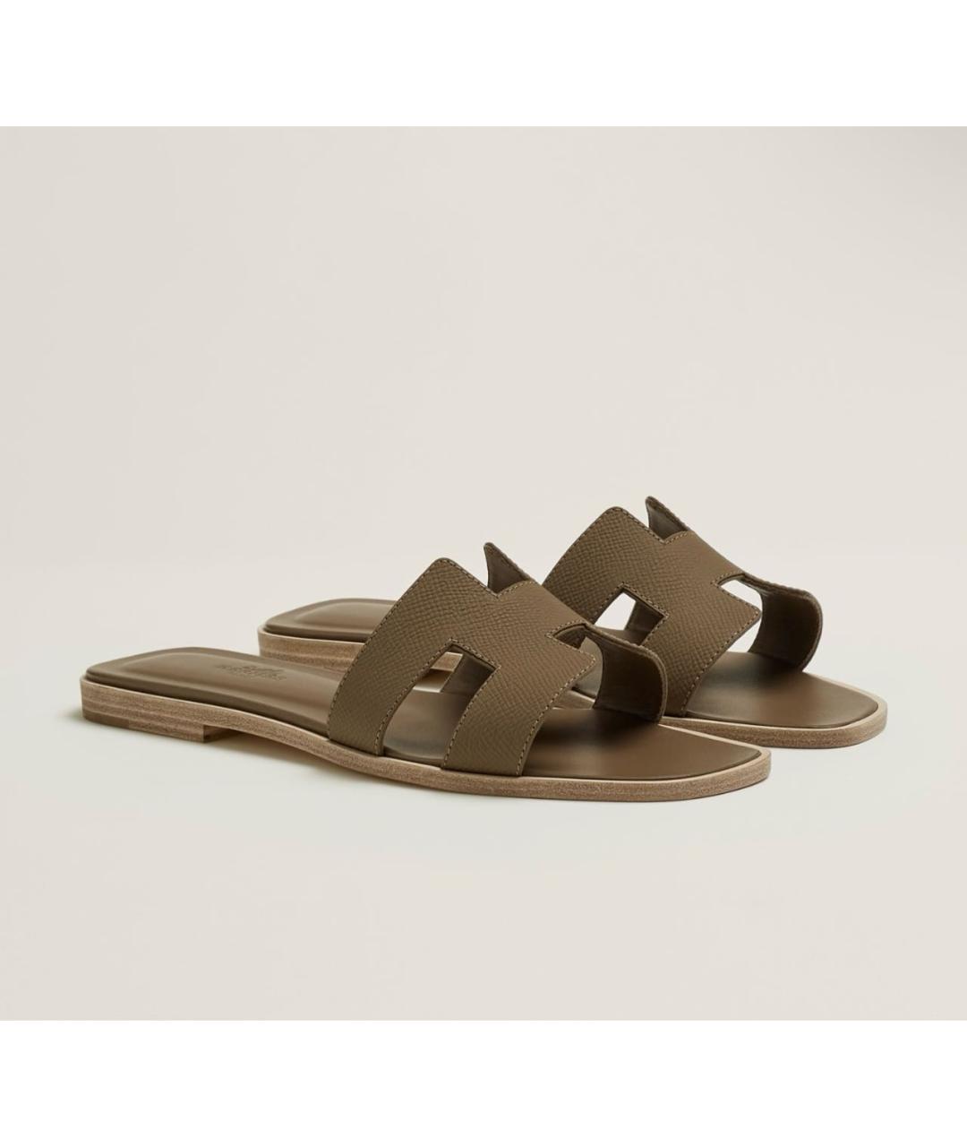 HERMES Коричневые кожаные шлепанцы, фото 2